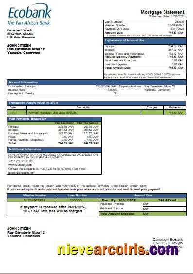 Cameroon Ecobank bank mortgage statement